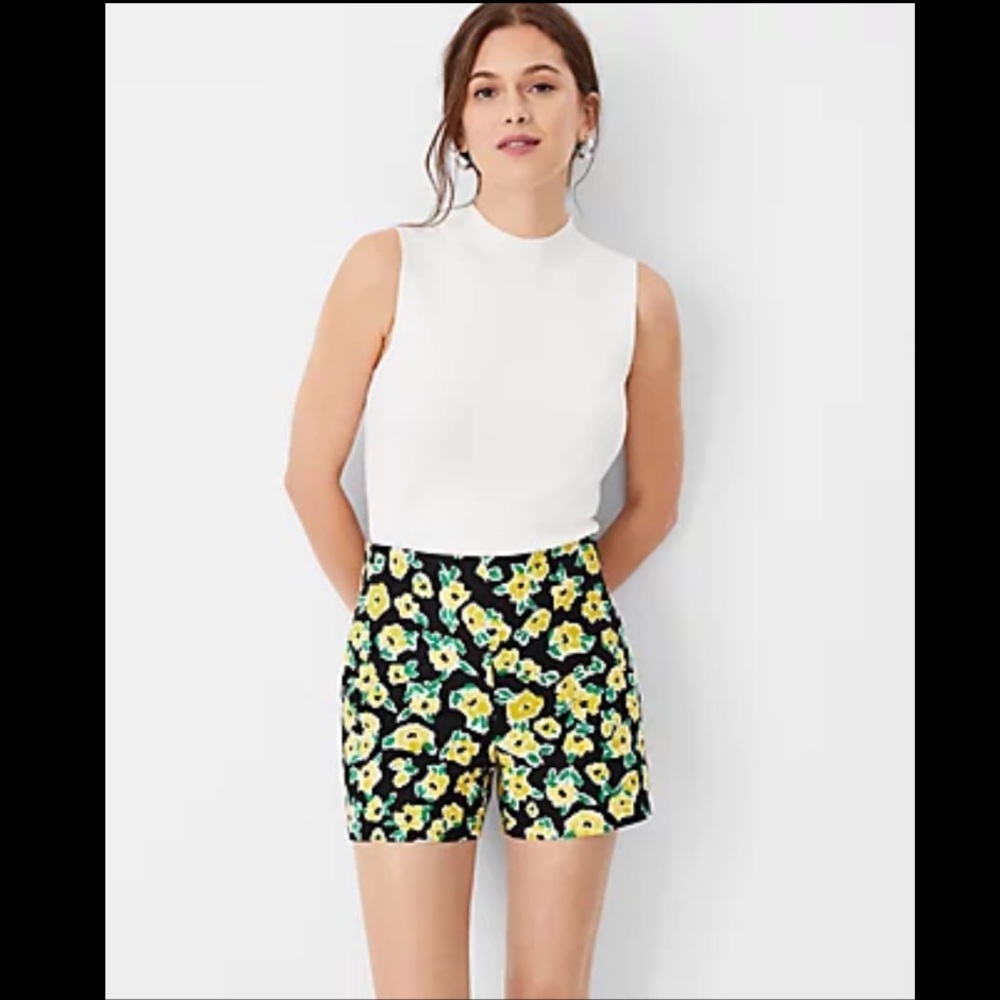 NWT Ann Taylor High Rise Shorts Floral Black Yellow Green Flowers 4